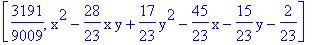[3191/9009, x^2-28/23*x*y+17/23*y^2-45/23*x-15/23*y-2/23]